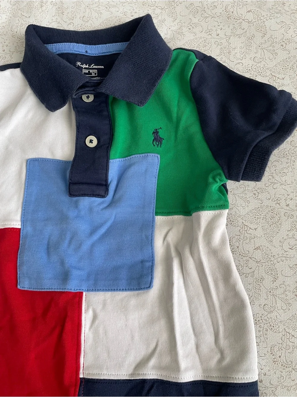 Ralph Lauren Polo Romper Kids 24M Patchwork Colorblock Short Sleeve Pony Logo